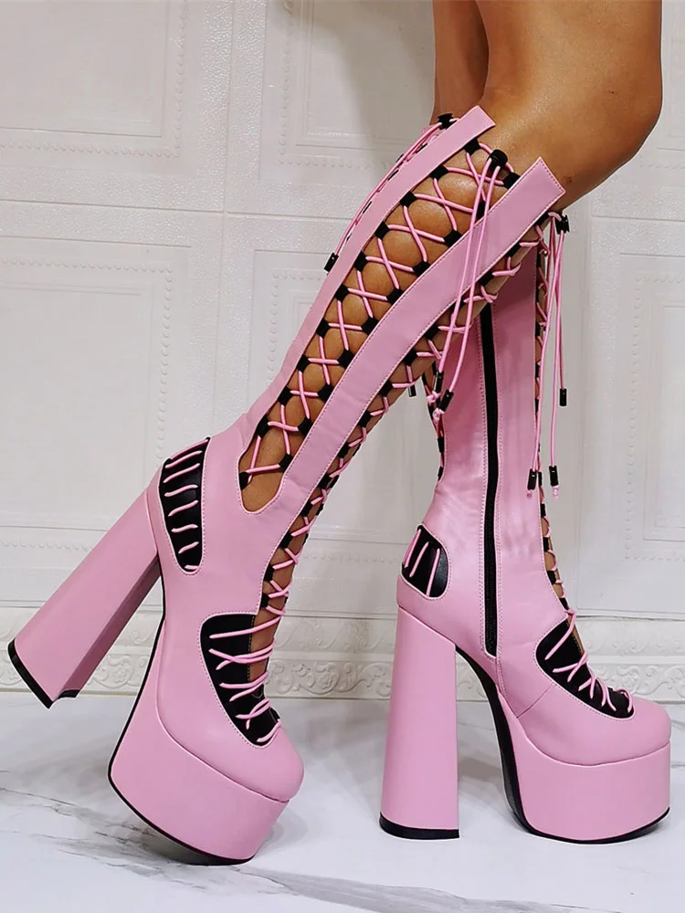 Women Summer Boots Chunky Heel Platforms Leather Knee High Lace Up Pink Boots Novameme