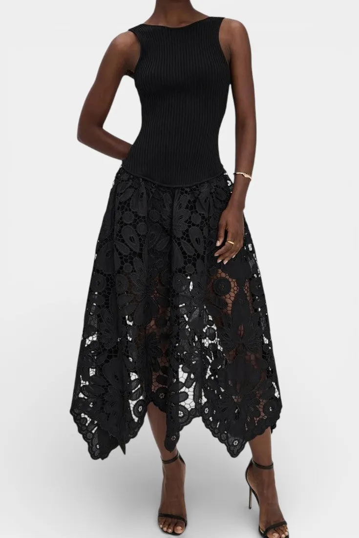 Structured Ribbed Top with Asymmetrical Lace Skirt
