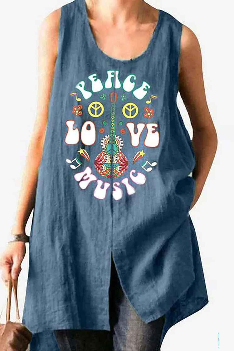 Music pattern printing round neck blue casual top