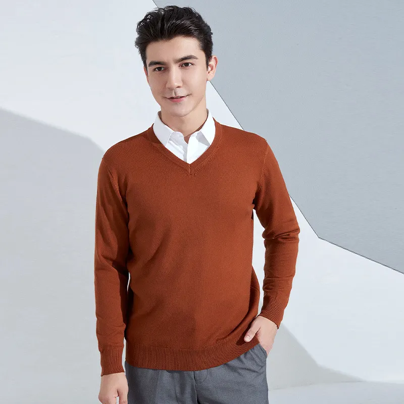 Churchf Churchf And Winter New Men's V Collar Loose Large Size Gentleman Sleeve Long Sleeve Sweater Middle-Aged Knit Chicken Heart Collar Bottom Shirt