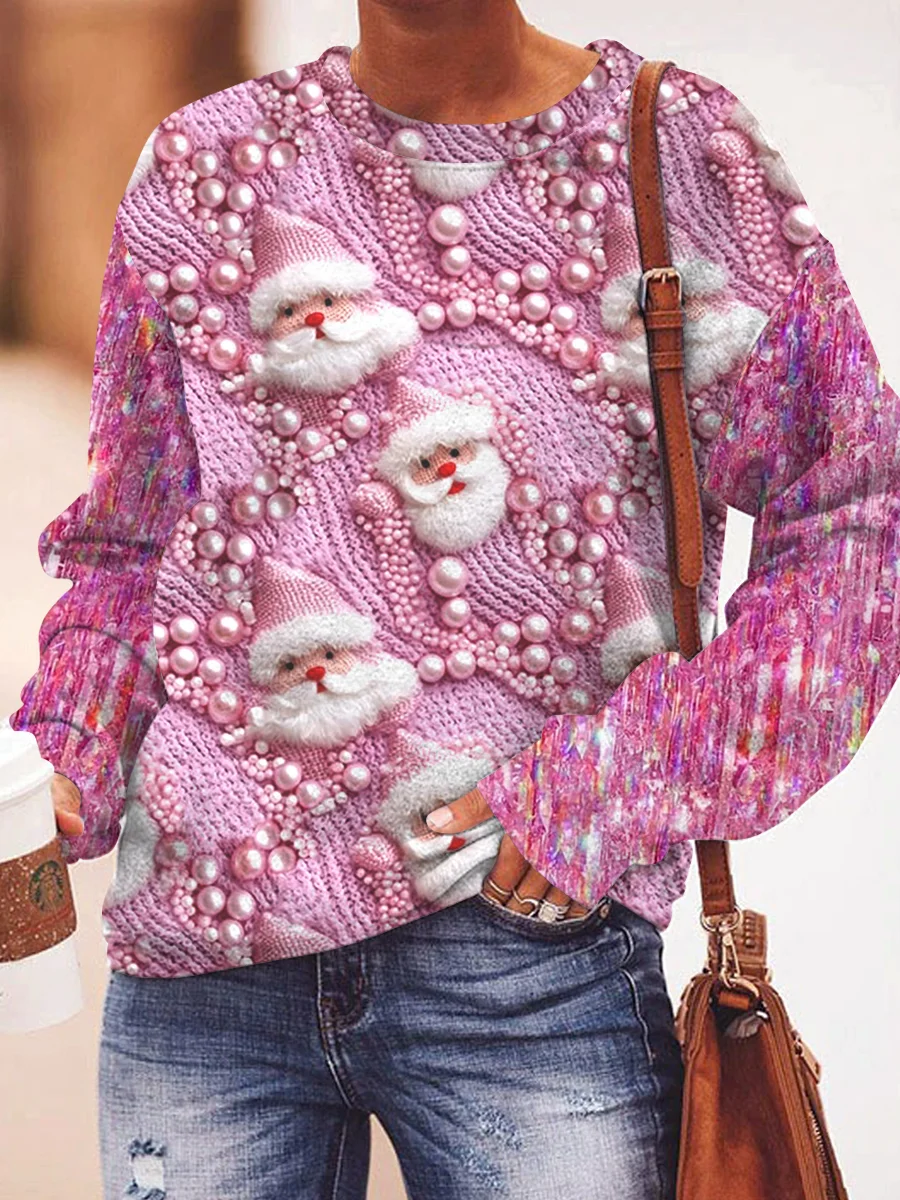 Felpa a manica lunga di base allentata da donna con decorazioni intessute di Santa Pearl da donna