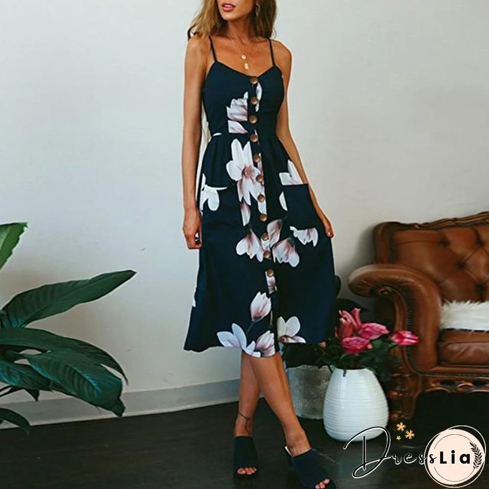 Casual Vintage Sundress Boho Sexy Midi Button Backless Striped Floral Beach Dress Black Dresses