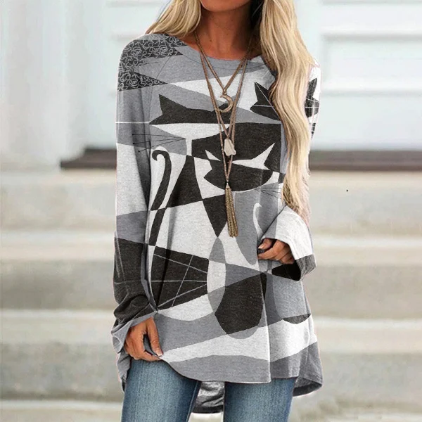Wearshes Abstract Geometric Cat Print Long Sleeve Casual Tunic