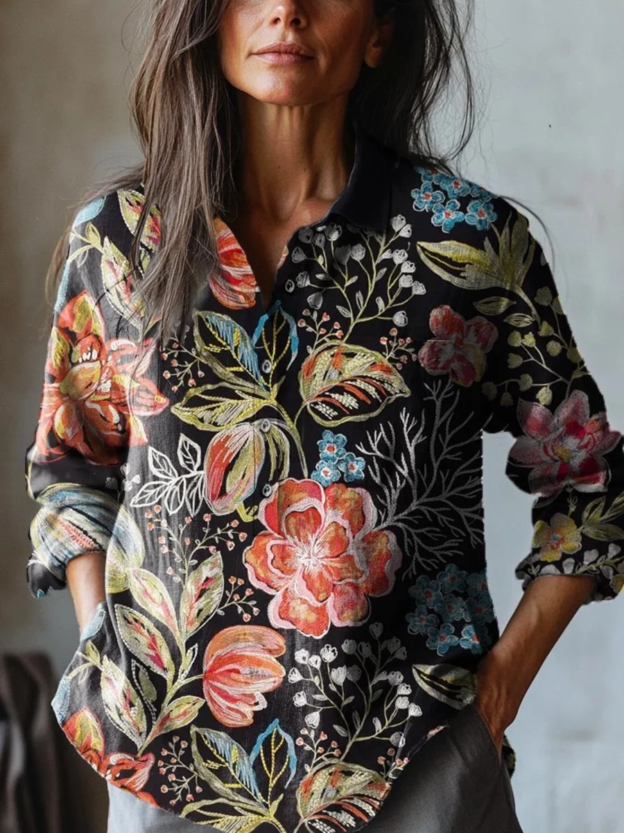 Women's Vintage Lovely Floral Art Print Casual Cotton And Linen Shirt