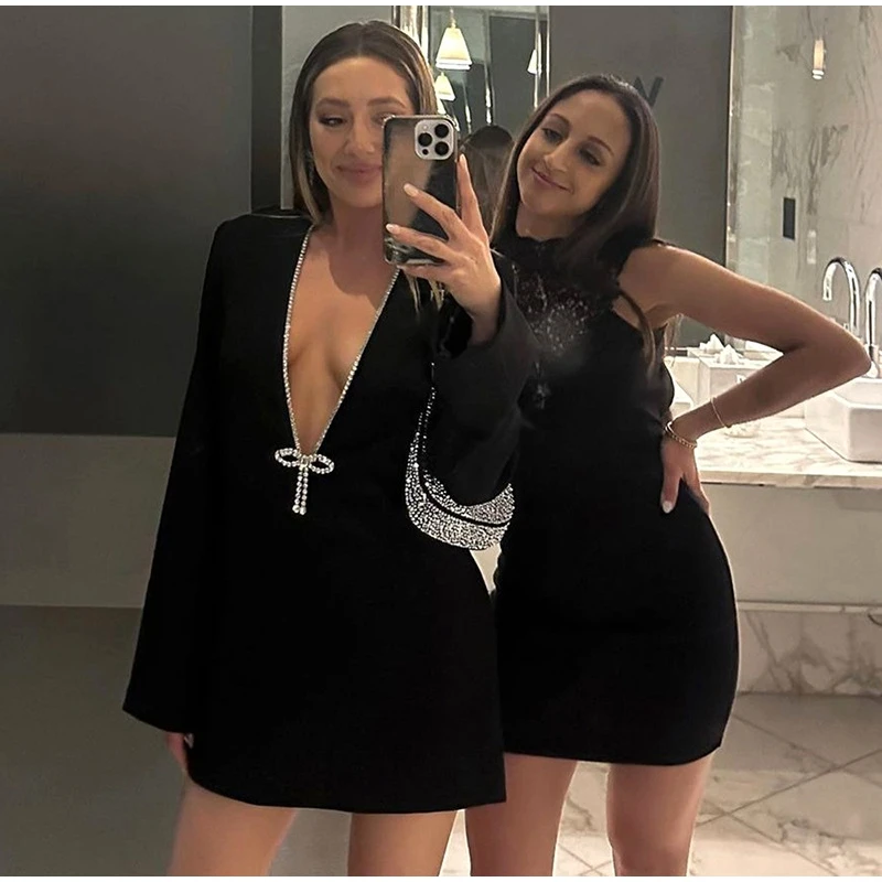 Ootddress Glitter V-Neck Fashion Dress For Women Slim Long Sleeve Patchwork Elegant Club Night Dress Clothes Women's Mini Dress New