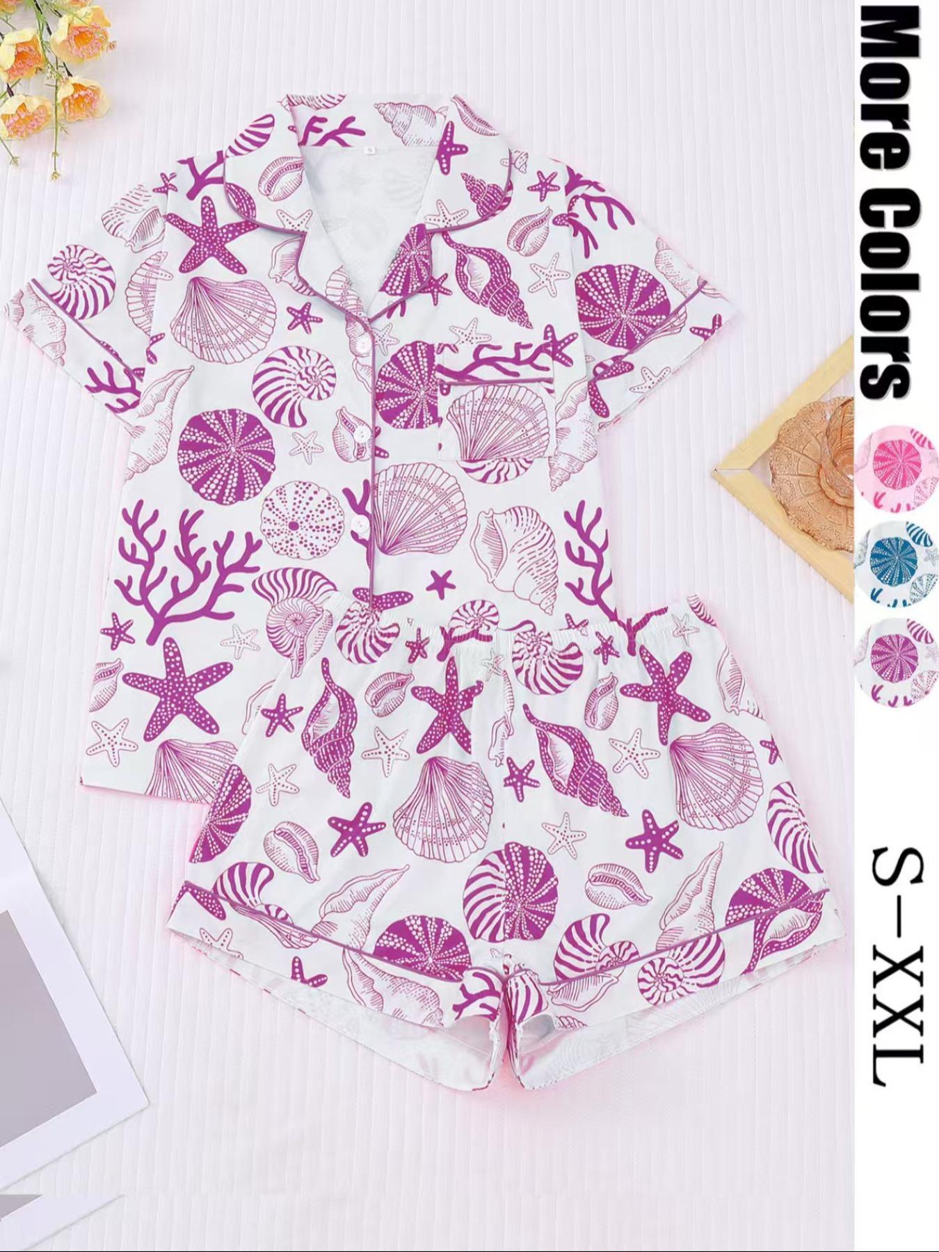 Women's All Over Shell Print Short Sleeve Pajama Two-piece Set, Elegant Casual Comfy Button Front Lapel Neck Top & Shorts Set, Ladies Sleepwear for All Seasons, Sleepwear Loungewear
