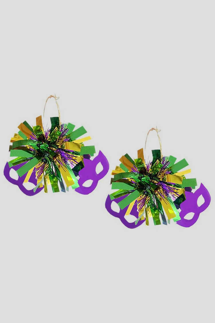 Mardi Gras Multicolor Foil Tassel Disco Sequin Fleur-De-Lis Mask Hoop Earrings 2024 - Xpluswear