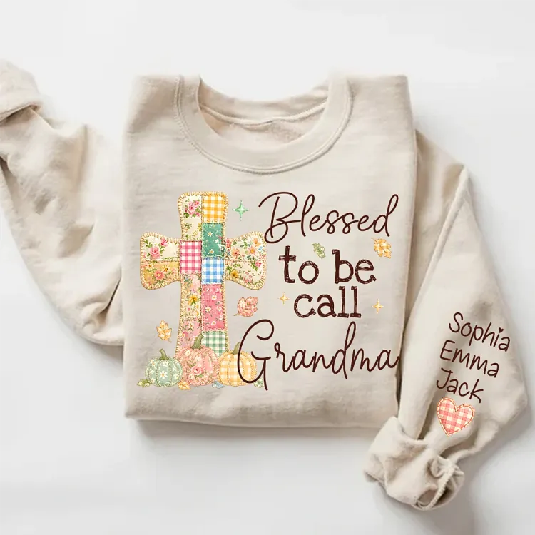 Personalized Blessed to Be Called Grandma Sweatshirt, Custom Grandkids Names Sleeve, Floral Cross Pumpkin Patchwork Fall Shirt, Christian Grandma Gift