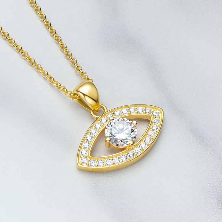 Yellow Gold 1CT Round Cut Moissanite Evil Eye Pendant Necklace