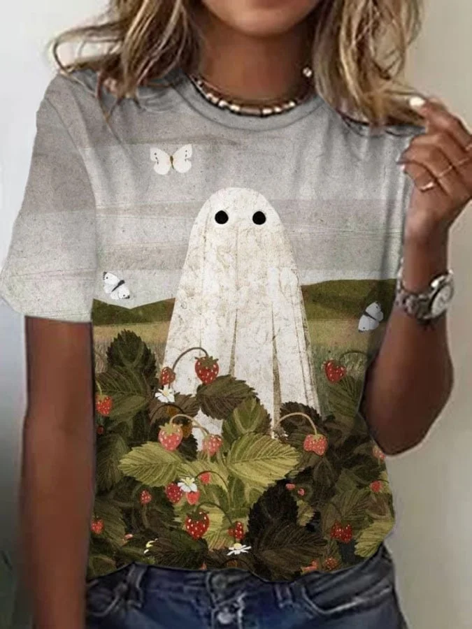 Women's Ghost Print Round Neck T-shirt