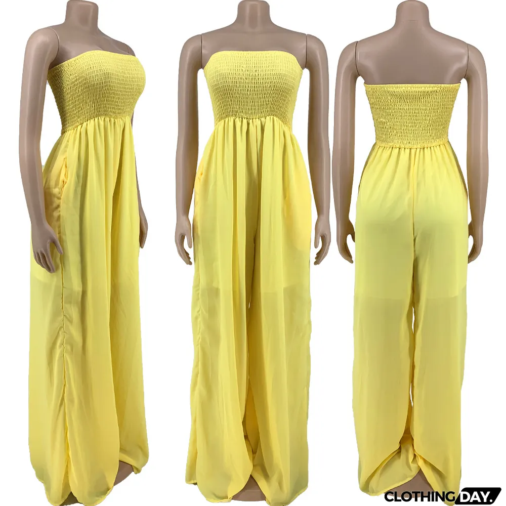 Plus Size Solid Off Shoulder Strapless Wide Leg Jumpsuit