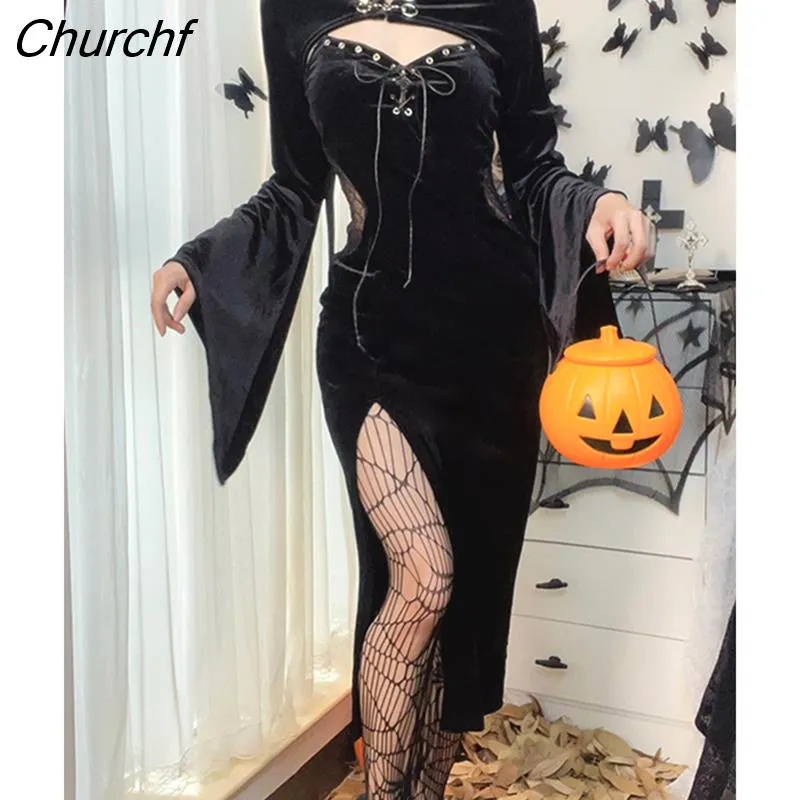 Long Dress Suit With Hat See Through Velvet Lace Cutout High Slit Long Sleeve Button Lace-up Party Dress main image 0