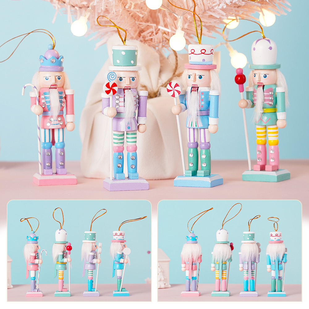 Tegooe 4PCS Wooden Nutcracker Figurines Set - Macaron Candy Christmas Tree Ornaments