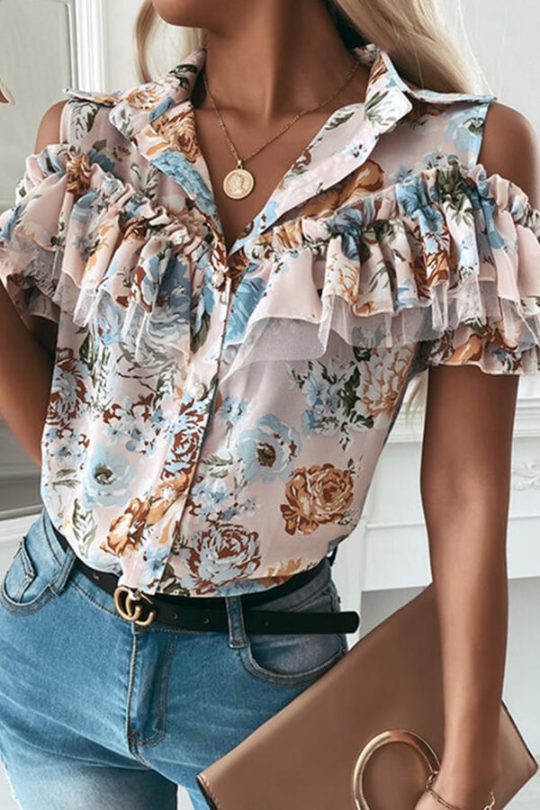 Floral Print Lapel Ruffled Single-breasted Short-sleeved Shirt