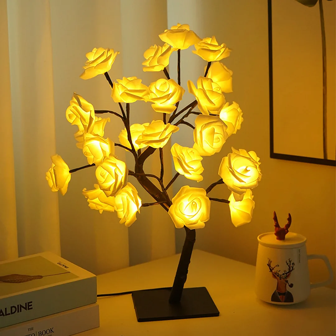 Table Flower Tree Rose Lamp Fairy Bonsai Tree Desk Light for Women (White)