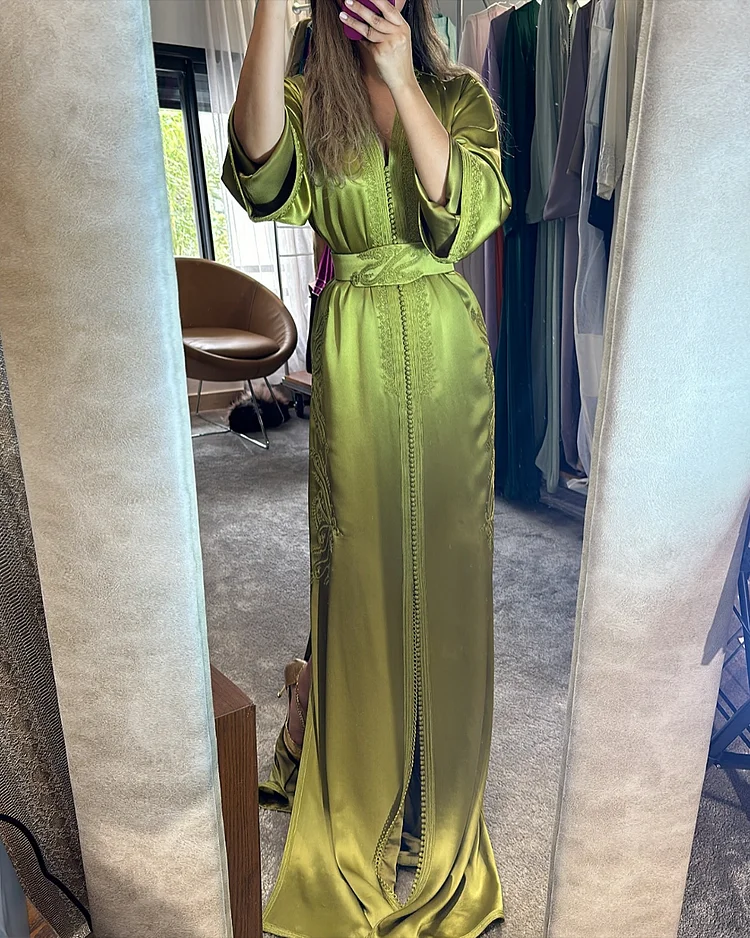 Women's V-neck slit embroidery Moroccan Dress