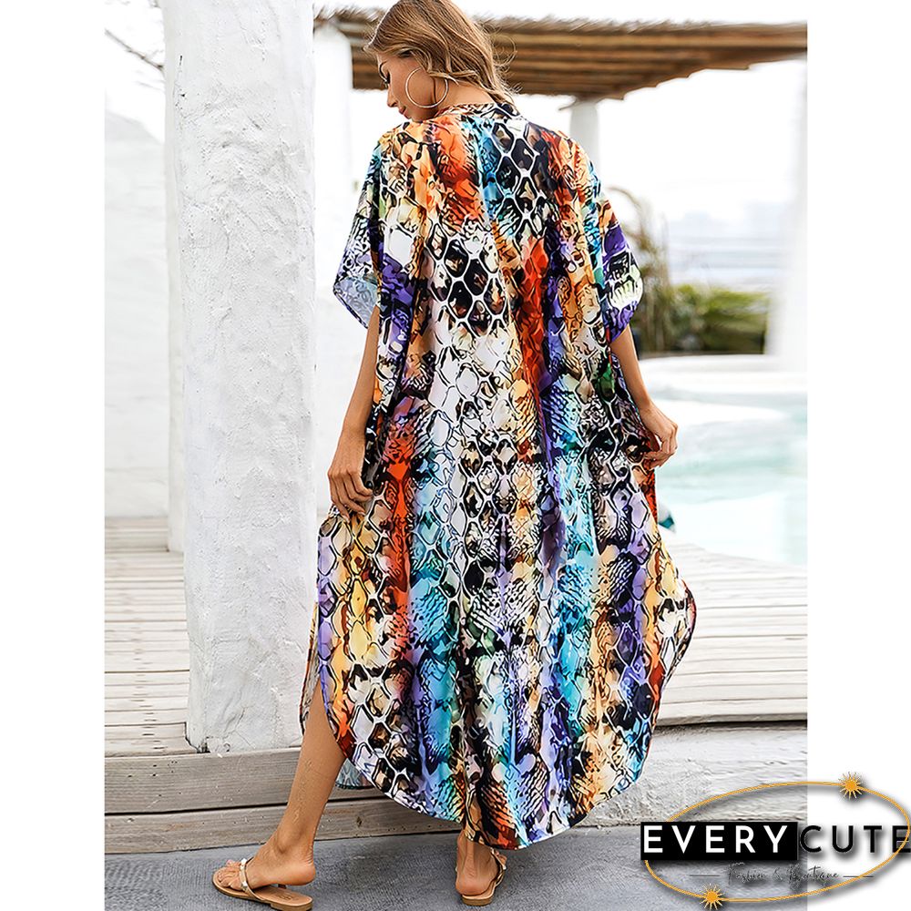 Orange Button-down Holiday Beach Kimono Dress with Pocket