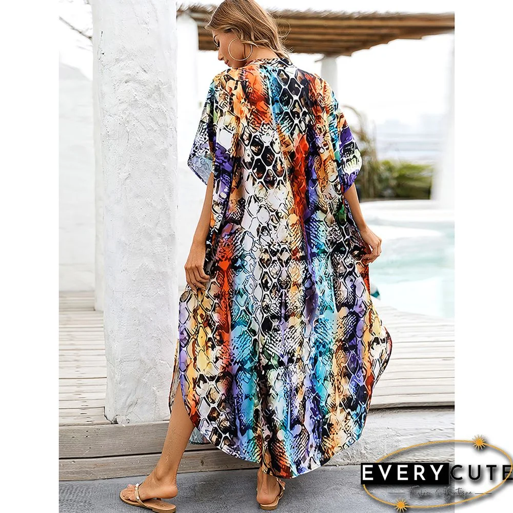 Orange Button-down Holiday Beach Kimono Dress with Pocket