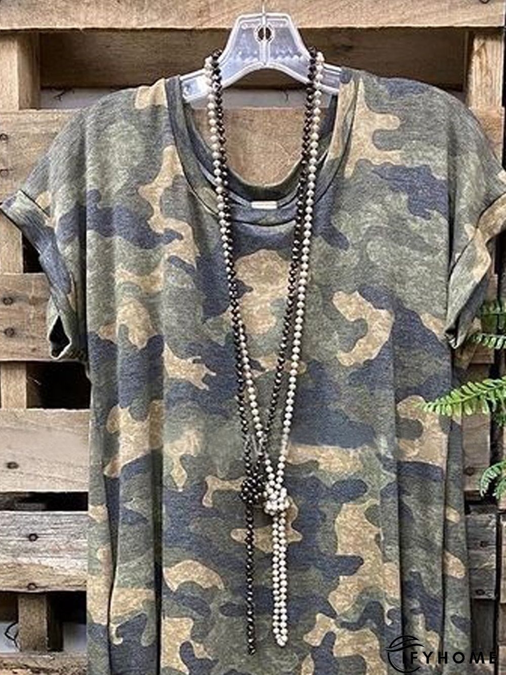 Camo Short Sleeve Printed Cotton-blend Crew Neck Casual Summer Olive Drab Top | IFYHOME