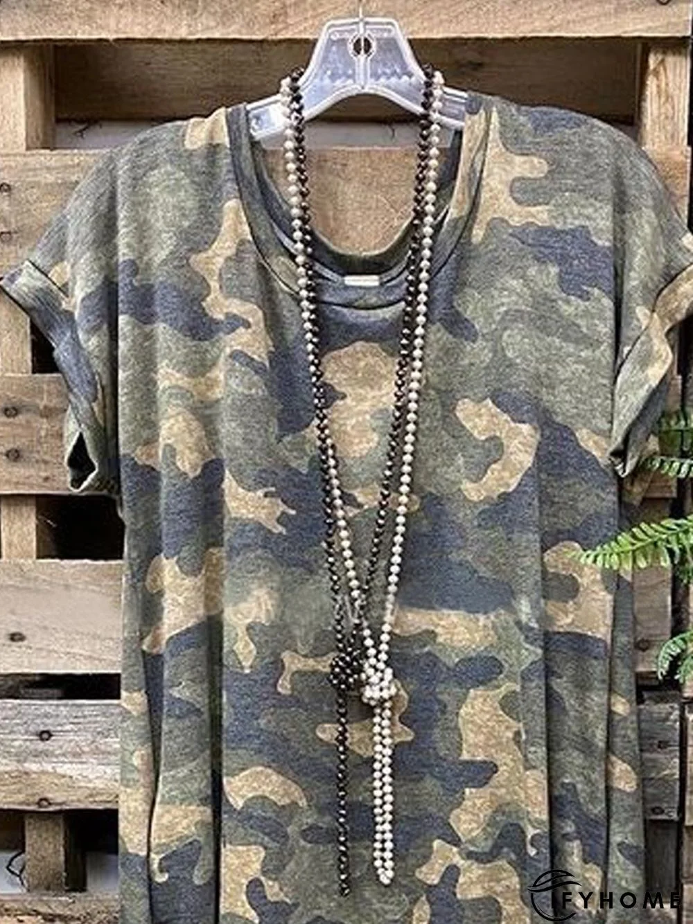 Camo Short Sleeve Printed Cotton-blend Crew Neck Casual Summer Olive Drab Top | IFYHOME