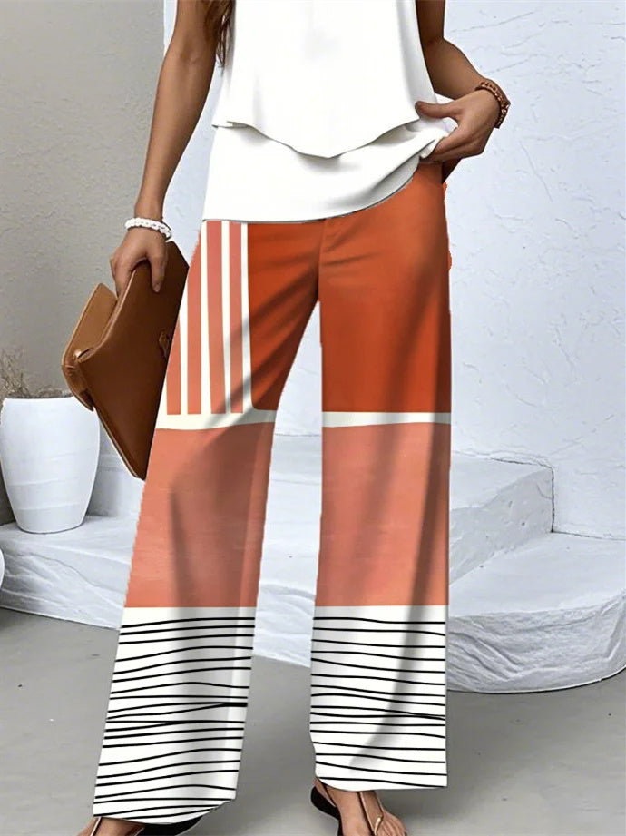 Women's Sleeveless Square Collar Striped Graphic Printed Casual Set