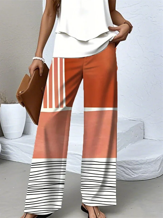 Women's Sleeveless Square Collar Striped Graphic Printed Casual Set