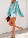 Floral Print V-Neck Long Sleeve Loose Casual T-Shirt Top