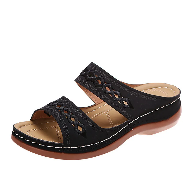 Breakj Breakj New Large-Size Slippers Retro Car Line Anti-Slip Round Slope And Comfortable Word Cool Slippers Woman