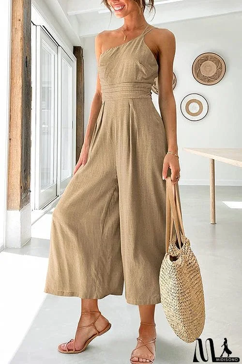 MidiSono - One Shoulder Straps Wide Leg Jumpsuits