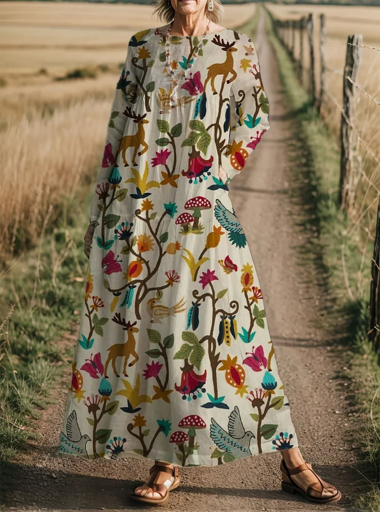 Women's Animal Floral Patchwork Print Long Sleeve Casual Dress socialshop