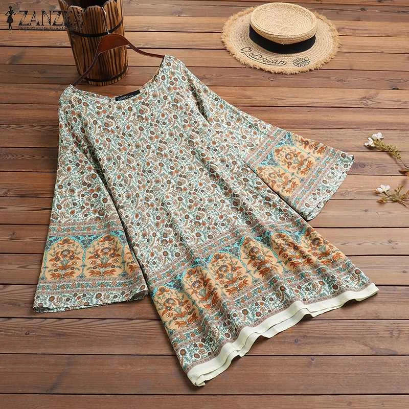 ZANZEA Women Summer Long Sleeve Floral Printed Dress Bohemian Holiday Short Vestidos Oversized Casual Beach Party Mini Dress