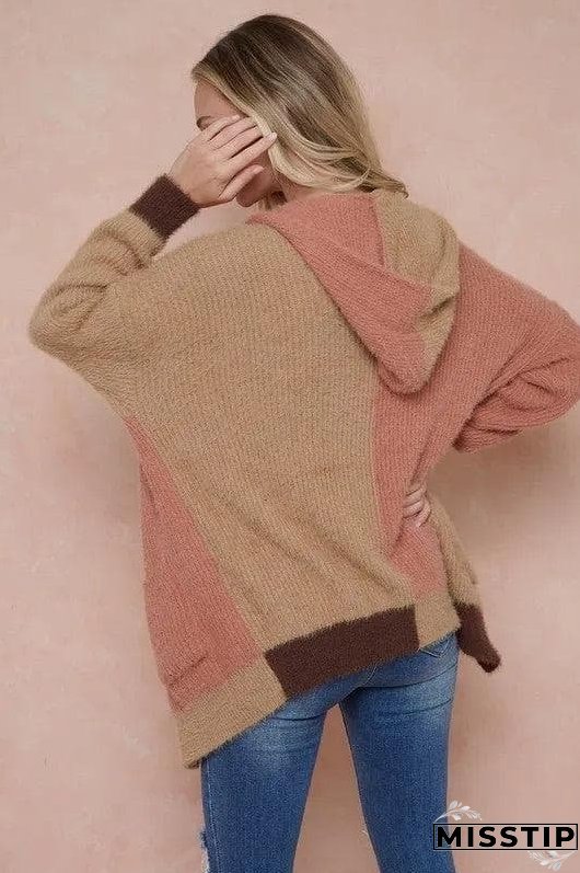 Sweater Hooded Open Front Long Sleeve Cardigan - Rose Camel and Brown