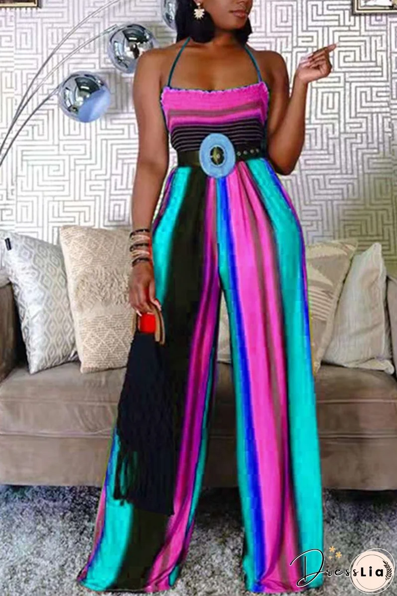 Wrinkled Striped Plus Size Wide Leg Jumpsuit