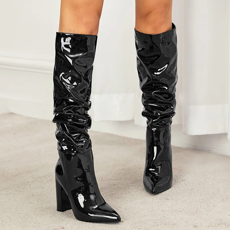 Yyvonne Large-Size Show Patent Skin Naturally Wrinkled Sharp Head Thick And Female High Heels Boots
