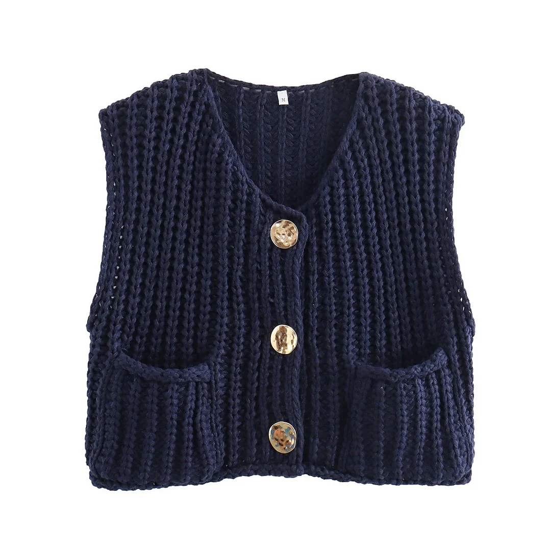 Nigikala Nigikala 2025 Spring And Autumn 2025 New Women's Pocket Sleeveless Short Knitted Cardigan Vest