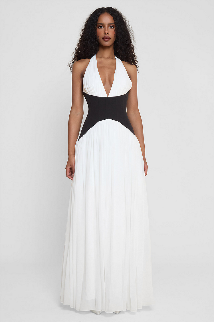 Colorblock Cinch Waist Pleated Hem Halter Maxi Dresses-White [Pre Order]