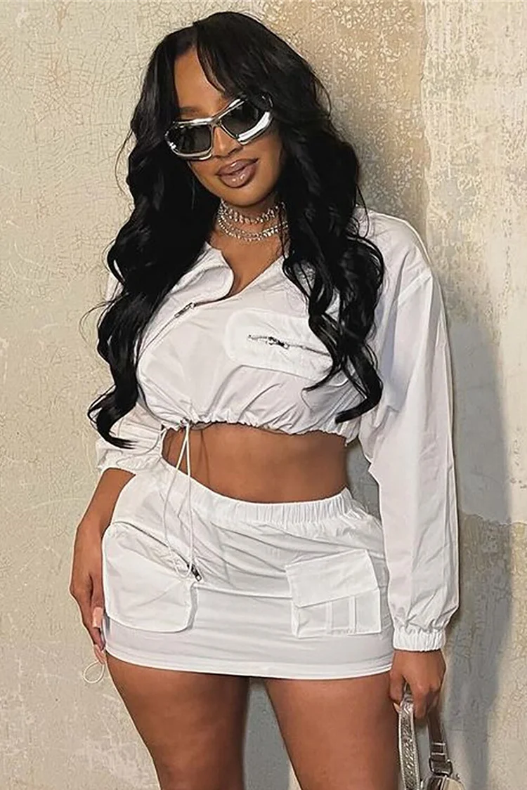 Long Sleeve Zipper Crop Top Pocket Bodycon Plain Mini Skirt 2pcs Set-White