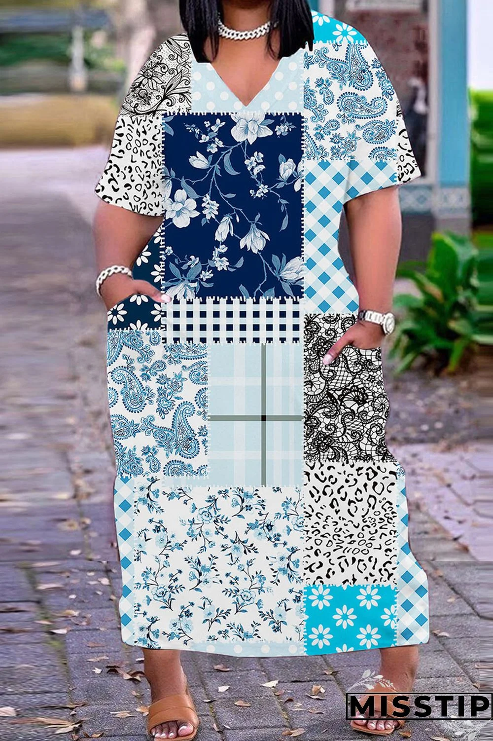 Light Blue Casual Print Basic V Neck Short Sleeve Dress Dresses