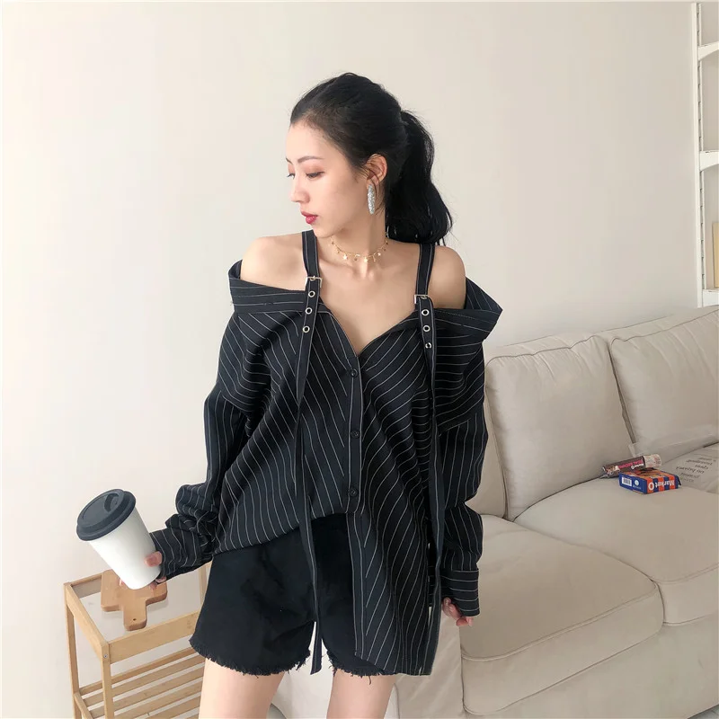 KOREAN VERTICAL STRIPED OFF SHOULDER LONG SLEEVE SHIRT