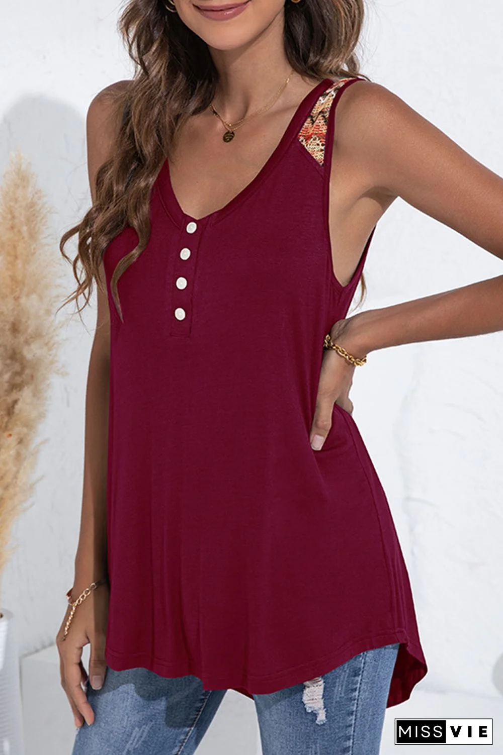 Fashion Street Print Buckle V Neck Tops(4 Colors)