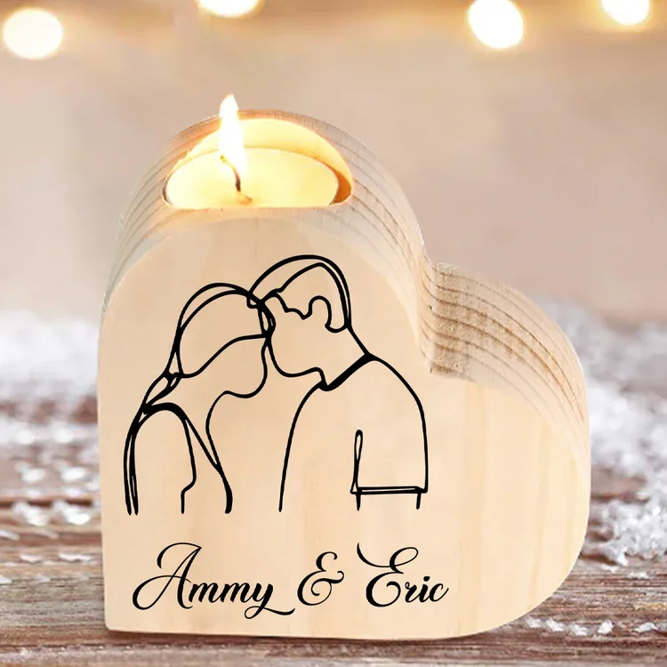 Personalized Couple Heart Candle Holder Engrave Name Wooden Candlesticks Valentines Gift