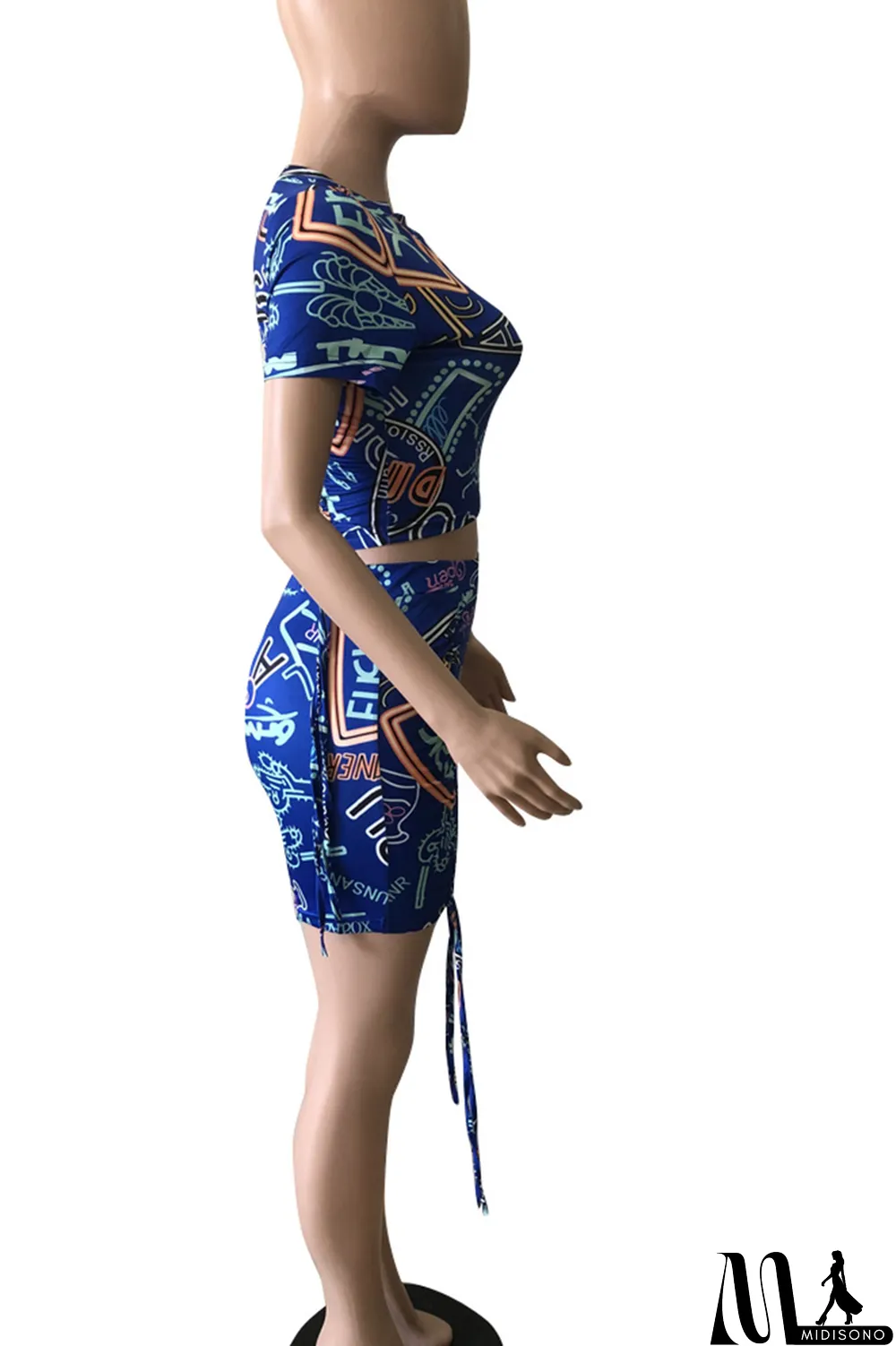 MidiSono - Blue Casual Print Draw String Turtleneck Short Sleeve Two Pieces