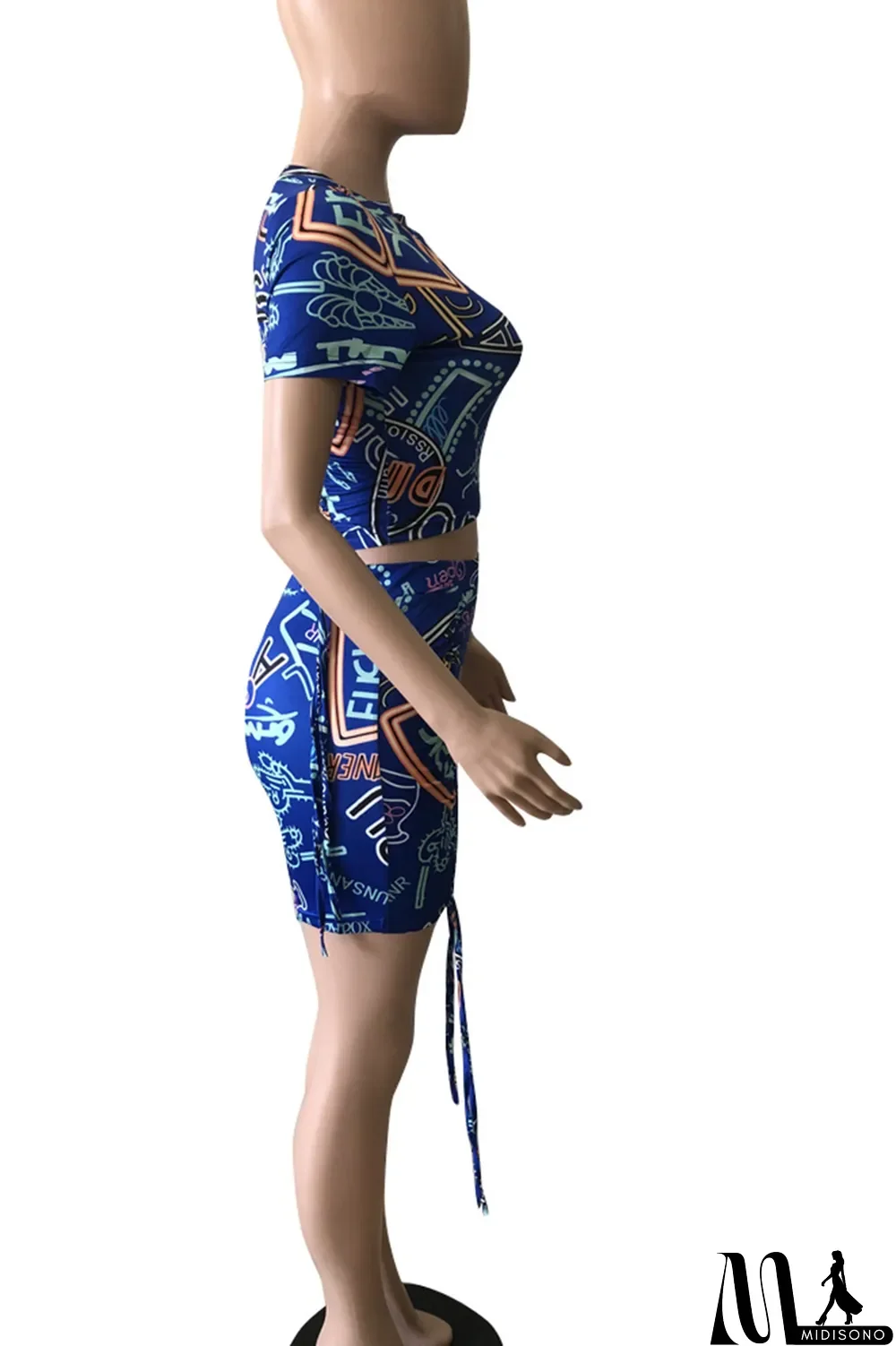 MidiSono - Blue Casual Print Draw String Turtleneck Short Sleeve Two Pieces