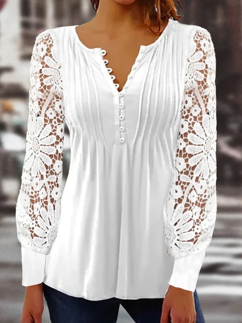 Plain Casual Patchwork Lace V-neck Tunic Top