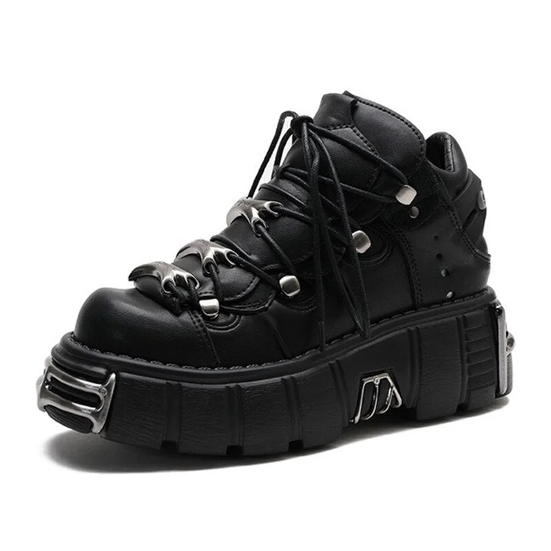 Punk Style Women Sneakers British Style Lace-up PU Platform Shoes Creepers Casual Thick Bottom Winter Ladies Shoe Metal Decor