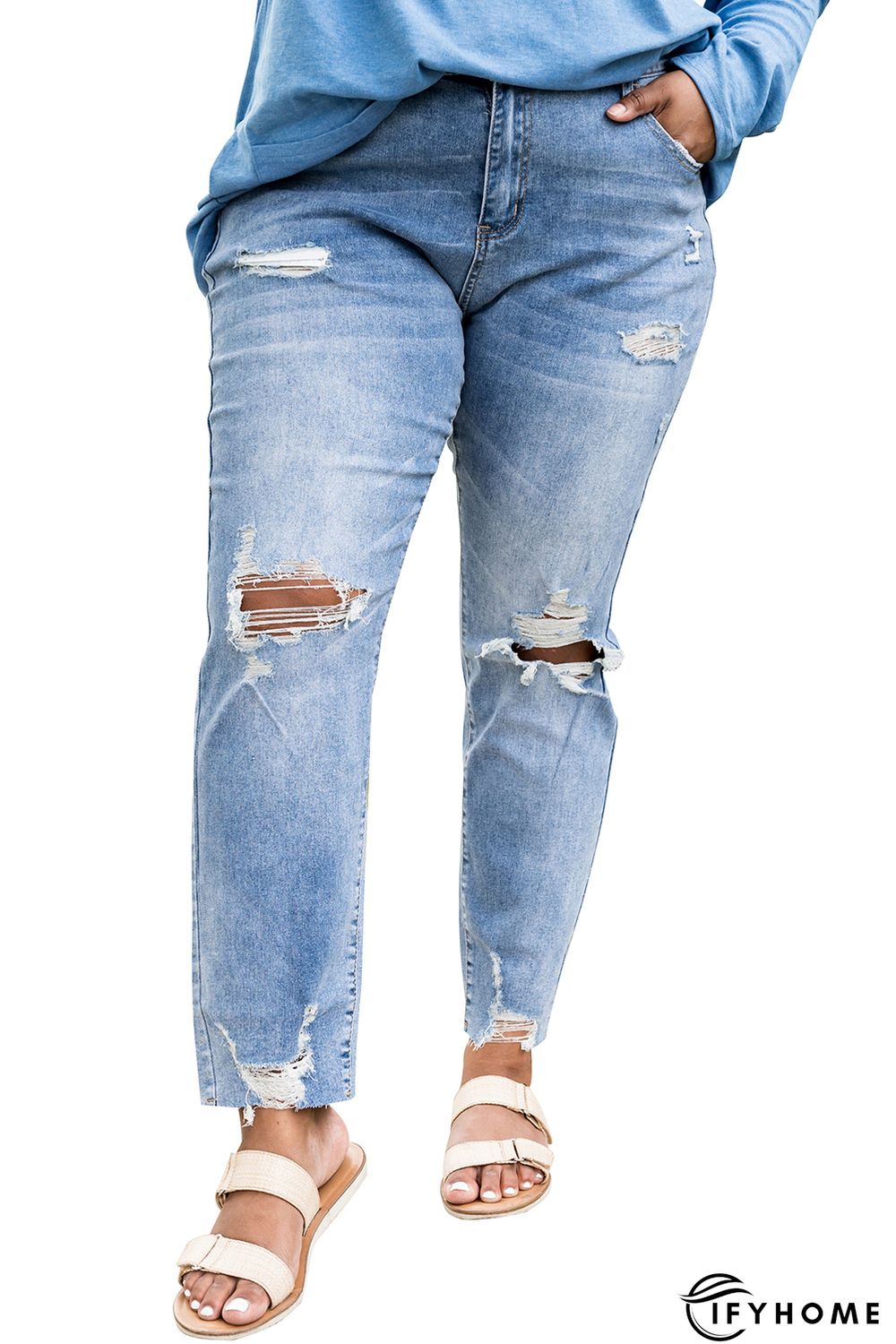 Sky Blue Distressed Holes Frayed Hem Plus Size Jeans | IFYHOME