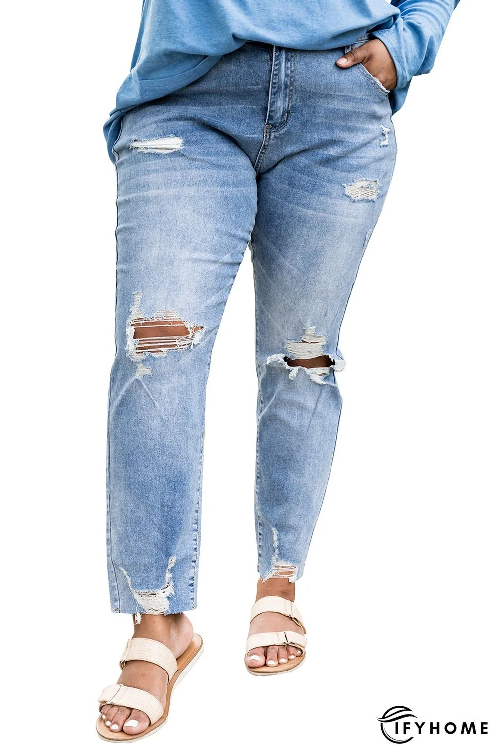 Sky Blue Distressed Holes Frayed Hem Plus Size Jeans | IFYHOME