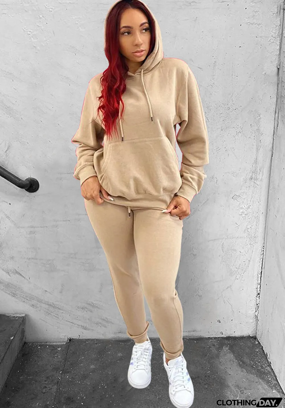 Women's Fall Winter Solid Hoodies Stretch Sport Casual Two-Piece Set