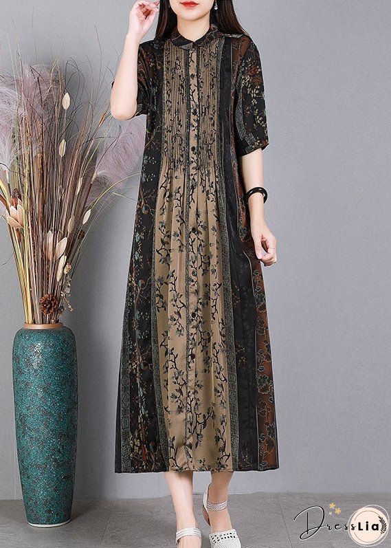 Loose Black O-Neck Print Patchwork Wrinkled Silk Party Dress Short Sleeve