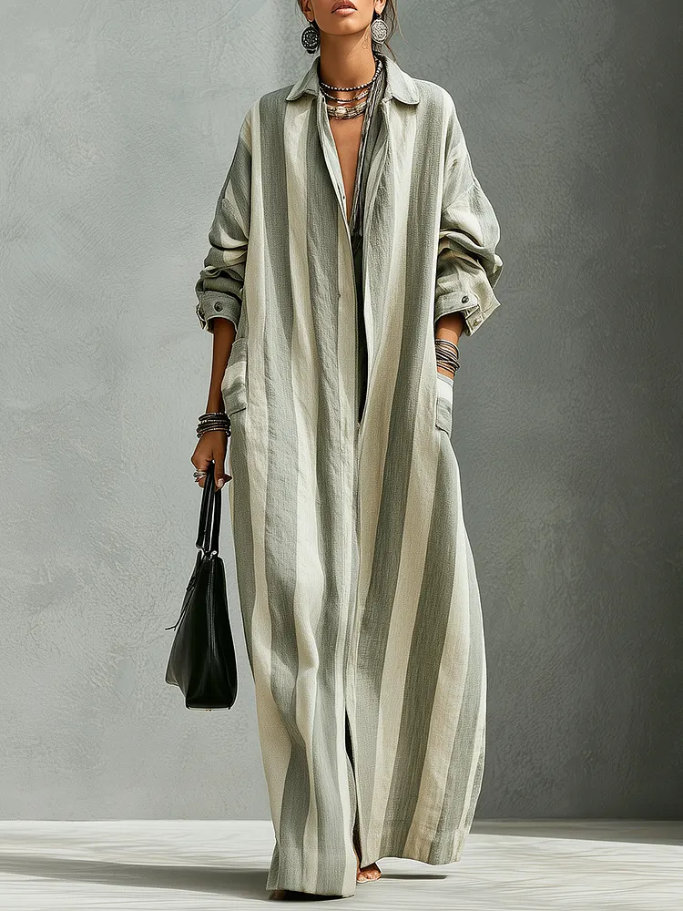 Bohemian Sage Striped Long Trench Coat